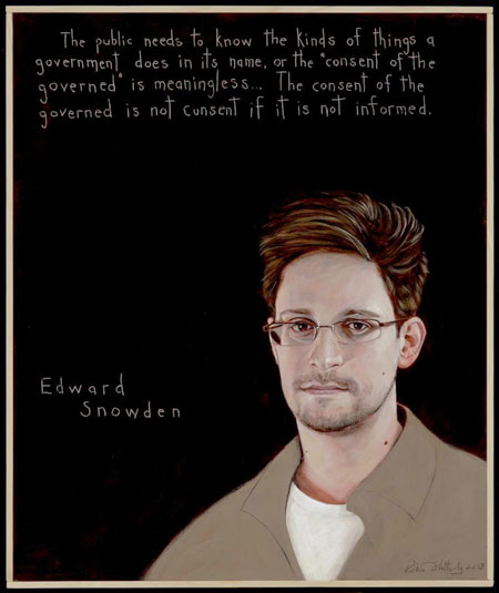 Portrait of NSA whistleblower Edward Snowden. Click for expanded image. (Painted by Robert Shetterly for his Americans Who Tell The Truth Project)
